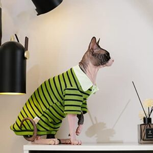 Sphynx Hairless Cat Clothes Autumn Waffle Stripe Lapel Polo Shirts Breathable Thicken Cotton T-Shirts with Sleeve Kitten Shirts Pet Clothes (M (6-7.7lbs), Black Green Polo)