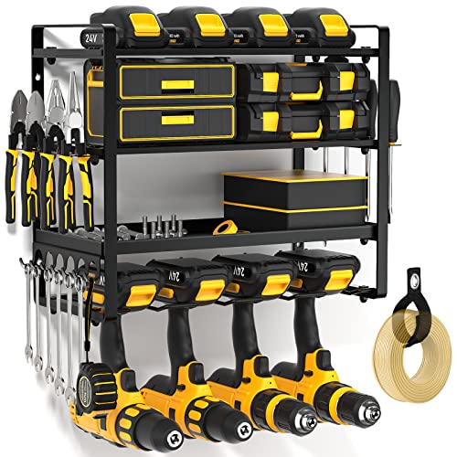 POKIPO Power Tool Organizer Wall Mount, Heavy Duty Drill Holder, Garage Tool Organizer and Storage, Suitable Tool Rack for Tool Room, Workshop, Garage, Utility Storage Rack for Cordless Drill (4 Tier)