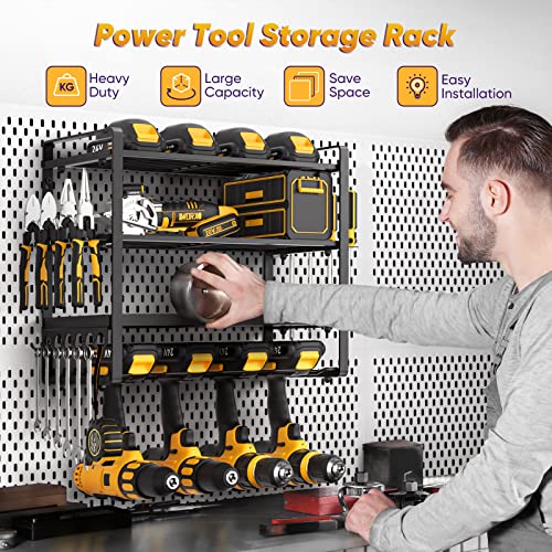 POKIPO Power Tool Organizer Wall Mount, Heavy Duty Drill Holder, Garage Tool Organizer and Storage, Suitable Tool Rack for Tool Room, Workshop, Garage, Utility Storage Rack for Cordless Drill (4 Tier)
