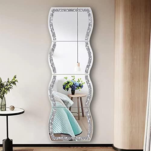 ZOLAPI Full Length Wall Mirror,Wave Pattern Irregular Crushed Diamond Body Mirror,Set of 4pcs Mirror Tiles,11x15 inch.Dressing Mirror，Make Up Mirror，Gym for Decor, Door.