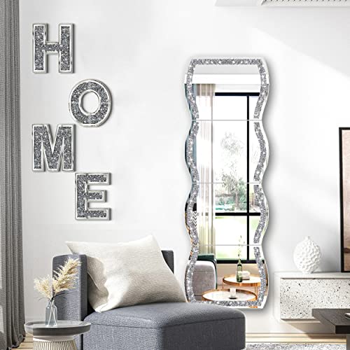 ZOLAPI Full Length Wall Mirror,Wave Pattern Irregular Crushed Diamond Body Mirror,Set of 4pcs Mirror Tiles,11x15 inch.Dressing Mirror，Make Up Mirror，Gym for Decor, Door.