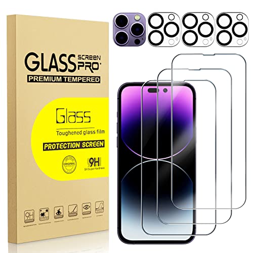 Denyunuo 3 Pack Screen Protector for iPhone 14 Pro 6.1'' with 3 Pack Camera Lens Protector, Ultra HD Clear Full Screen Tempered Glass, 9H Hardness, Anti-Scratch, Easy Installation Frame, Bubble Free, Case Friendly