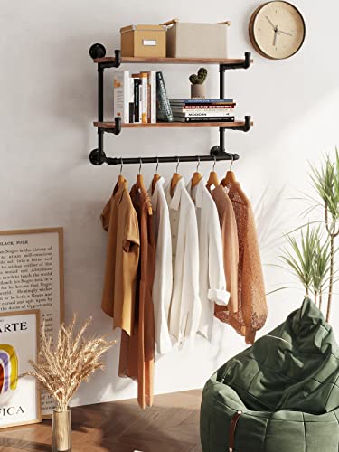 TEDIDUWA 30in Industrial Pipe Clothing Rack,2-Tier Wall Mounted Clothes Rack, Pipe Clothing Rack with Shelf, Wall Hangers for Clothes, for Bedroom, Laundry, Living Room, Retail Store