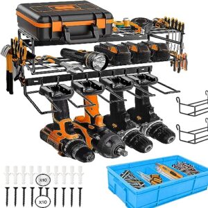 yoabo power tool organizer, heavy duty floating tools shelf, wall mount cordless drill hanger holder, with parts sorting box, utility storage rack shelving for garage organization, for men