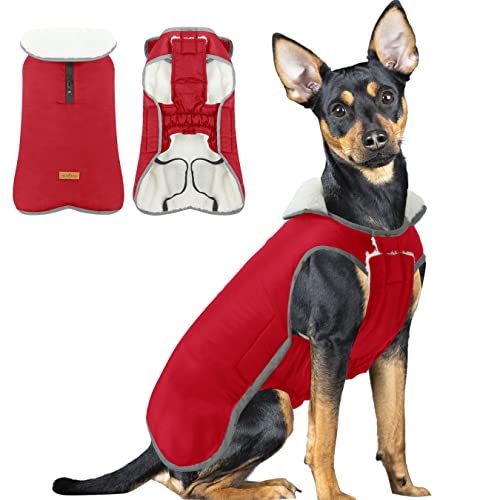 ALAGIRLS Thick Fleece Lining Winter Dog Coat, Classic Padded Warm Dog Coat with Harness Hole, Windproof Dog Vest Clothes Pet Apparel for Cold Weather, Red L