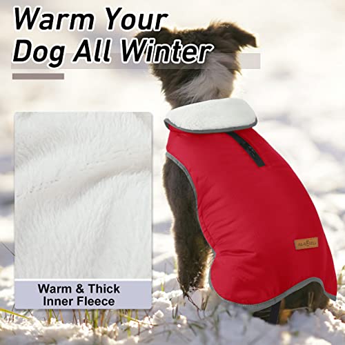 ALAGIRLS Thick Fleece Lining Winter Dog Coat, Classic Padded Warm Dog Coat with Harness Hole, Windproof Dog Vest Clothes Pet Apparel for Cold Weather, Red L