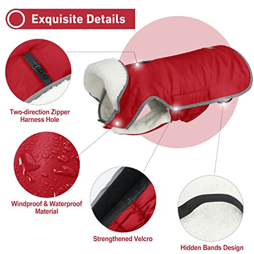 ALAGIRLS Thick Fleece Lining Winter Dog Coat, Classic Padded Warm Dog Coat with Harness Hole, Windproof Dog Vest Clothes Pet Apparel for Cold Weather, Red L