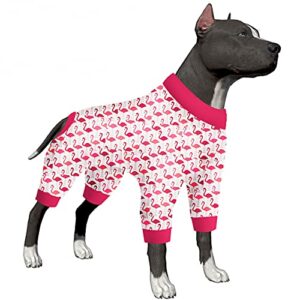 lovinpet large dog pjs, anxiety calming shirt, dog jammies for after surgery, flamingo print, large dog clothes, 4 leg style pullover dog onesie for dog,red m