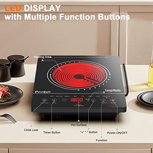 Cooksir Single Burner Electric Cooktop, Portable One Burner Electric Stove, 1800W Small Infrared Electric Burner with Child Safety Lock, Timer, Overheat Protection, Touch Control, 110V-120V Plug in