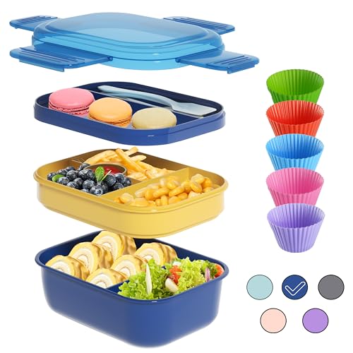 CocoMeiwei Bento Box Adult Lunch Box, Bento Lunch Box with 5 Silicone Cupcake Liners, Leak-proof Bento Lunch Box Containers 3 Tiers 50oz, 6compartments Large Capacity for Working Blue