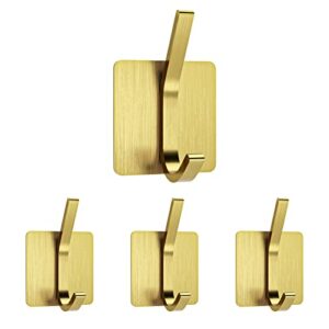 ariosox 4-packs heavy duty adhesive hooks, waterproof stainless steel bathroom hooks for towels, shower cap and towel robe, closet hook wall mount for home, kitchen, rv,bathroom,office (gold)