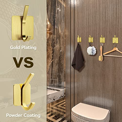 ARIOSOX 4-Packs Heavy Duty Adhesive Hooks, Waterproof Stainless Steel Bathroom Hooks for Towels, Shower Cap and Towel Robe, Closet Hook Wall Mount for Home, Kitchen, RV,Bathroom,Office (Gold)