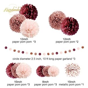 NICROLANDEE 15Pcs Rose Gold Burgundy Tissue Pom Poms Circle Dots Polka Dot Kit for Wedding, Bachelorette, Engagement, Bridal Shower, Burgundy Birthday Decorations