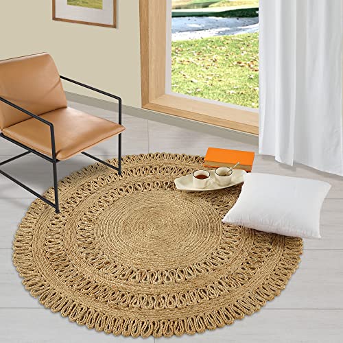 GRUHUM Round Jute Area Rug 3ft Natural Fiber Collection Handwoven Boho Charm Farmhouse Jute Area Rug Soft Braided Rug for Indoor Outdoor Kitchen Bedroom Living Hallways Enterways