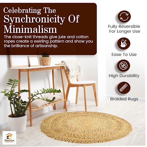 GRUHUM Round Jute Area Rug 3ft Natural Fiber Collection Handwoven Boho Charm Farmhouse Jute Area Rug Soft Braided Rug for Indoor Outdoor Kitchen Bedroom Living Hallways Enterways