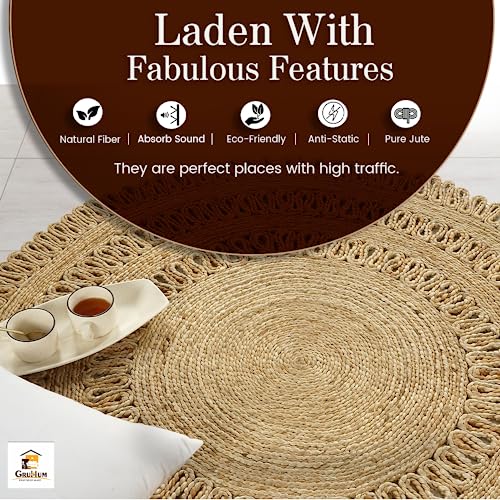 GRUHUM Round Jute Area Rug 3ft Natural Fiber Collection Handwoven Boho Charm Farmhouse Jute Area Rug Soft Braided Rug for Indoor Outdoor Kitchen Bedroom Living Hallways Enterways