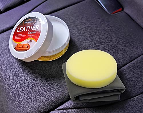 Herrontown Leather Cleaner for Furniture, White Saddle Soap Made by Coconut Oil and Nature Wax. (9 oz Plus 1 Sponge and 1 Cleaning Cloth) Leather Care Kit for Car Interior, Couch, Boots, Shoes, Seats