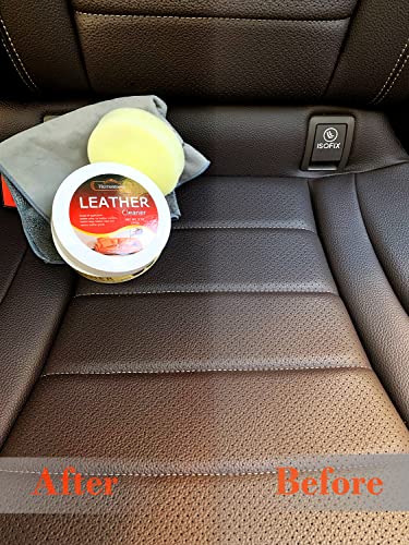 Herrontown Leather Cleaner for Furniture, White Saddle Soap Made by Coconut Oil and Nature Wax. (9 oz Plus 1 Sponge and 1 Cleaning Cloth) Leather Care Kit for Car Interior, Couch, Boots, Shoes, Seats