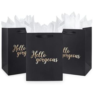 JIASHUYEYE 11" Black Gift Bag with Tissue Paper for Birthday, Wedding, Bridal Shower, Any Occasion - 6 Pack