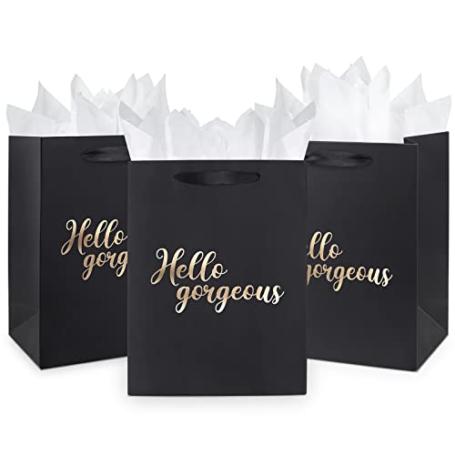 JIASHUYEYE 11" Black Gift Bag with Tissue Paper for Birthday, Wedding, Bridal Shower, Any Occasion - 6 Pack