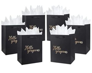 jiashuyeye 11" black gift bag with tissue paper for birthday, wedding, bridal shower, any occasion - 6 pack