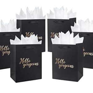 JIASHUYEYE 11" Black Gift Bag with Tissue Paper for Birthday, Wedding, Bridal Shower, Any Occasion - 6 Pack