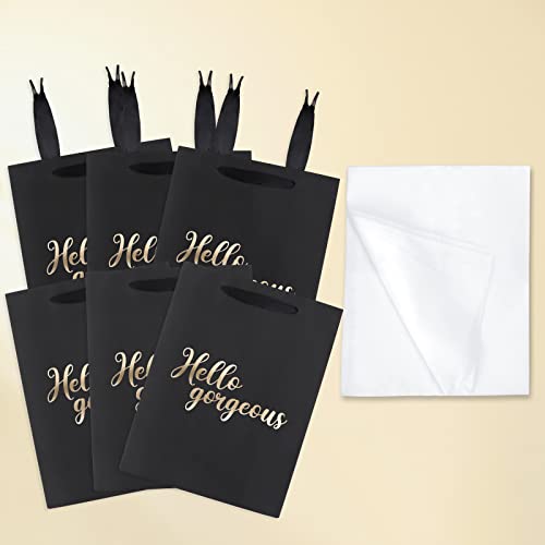 JIASHUYEYE 11" Black Gift Bag with Tissue Paper for Birthday, Wedding, Bridal Shower, Any Occasion - 6 Pack