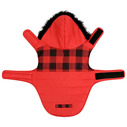 HDE Dog Puffer Jacket Fleece Lined Warm Dog Parka Winter Coat with Harness Hole Buffalo Plaid - L