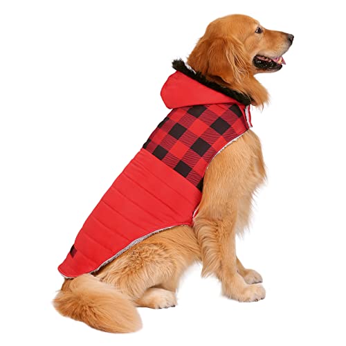 HDE Dog Puffer Jacket Fleece Lined Warm Dog Parka Winter Coat with Harness Hole Buffalo Plaid - L