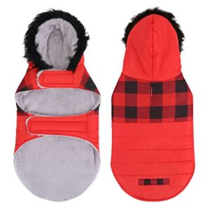 HDE Dog Puffer Jacket Fleece Lined Warm Dog Parka Winter Coat with Harness Hole Buffalo Plaid - L