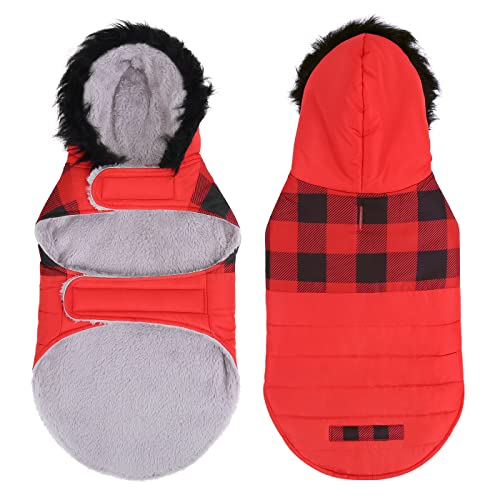 HDE Dog Puffer Jacket Fleece Lined Warm Dog Parka Winter Coat with Harness Hole Buffalo Plaid - L