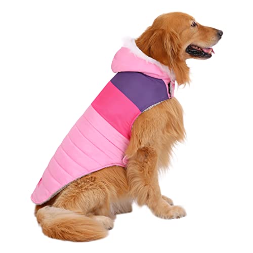 HDE Dog Puffer Jacket Fleece Lined Warm Dog Parka Winter Coat with Harness Hole Pink Stripe - XL