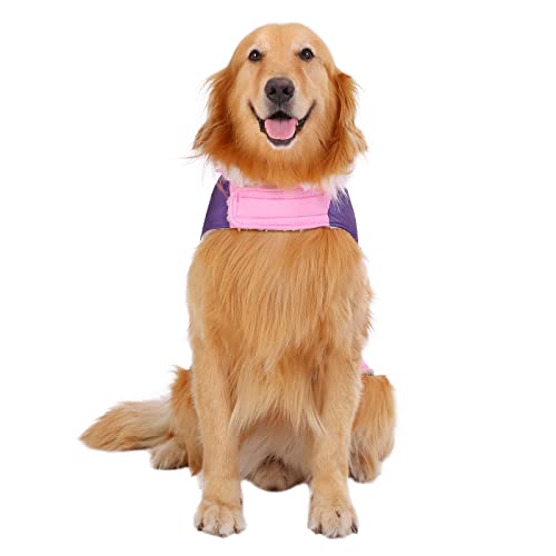 HDE Dog Puffer Jacket Fleece Lined Warm Dog Parka Winter Coat with Harness Hole Pink Stripe - XL