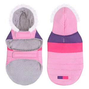 HDE Dog Puffer Jacket Fleece Lined Warm Dog Parka Winter Coat with Harness Hole Pink Stripe - XL