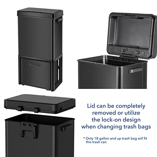 CozyBlock 20 Gallon Automatic Trash Can, Black Steel Touchless Motion Sensor Bin, Wide Opening Soft Close Lid, 75L, Large Capacity Slim Design