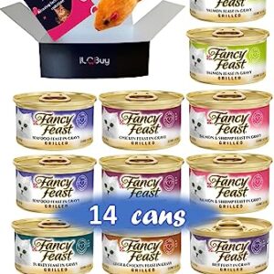 Fancy Feast Grilled Wet Canned Food Bundle, Variety Pack: 07 Flavors(02each) Pack of 14 cans.Plus Mouse Toy and Booklet