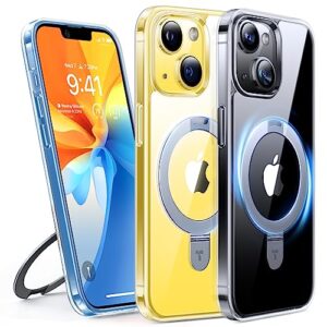 torras upro ostand magnetic iphone 14 case/iphone 13 case [compatible with magsafe] [mil-grade shockproof] [anti-yellowing tech] clear case for iphone 14/iphone 13, 6.1'', diamond clear