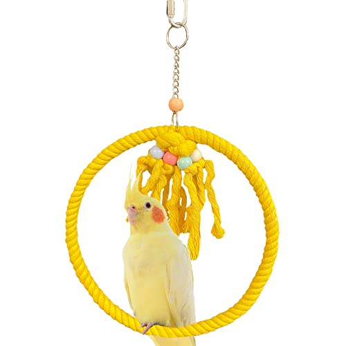 SIMENA Cotton Rope Bird Swing for Bird Cage, Hanging Bird Perch Parrot Toys, Bird Cage Accessories for Medium to Large Birds Including Parakeets, Cockatiels, Conures, etc. (Small (7.5" Yellow)