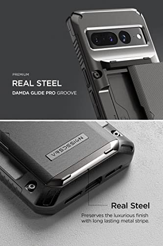 VRS DESIGN Damda Glide Pro Phone Case for Pixel 7 Pro, Sturdy Semi Auto Wallet [4 Cards] Case Compatible for Pixel 7 Pro Case (2022) (Groove Metal Black)