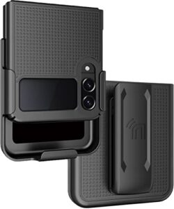 case with clip for galaxy z flip 4 5g, nakedcellphone [grid texture] slim hard shell cover and [rotating/ratchet] belt hip holster holder combo for samsung z flip4 phone (sm-f721u, 2022) - black