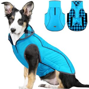alagirls classic plaid reversible dog winter coat, reflective windproof dog vest clothes, warm cotton lined pet snow jacket pet apparel for cold weather, blue l