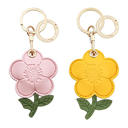 XEEWEN Cute Flower Airtag Keychain Holder 2 Pack,Kawaii FloraLeather Key Ring Hidden Case for Apple Airtag for Women