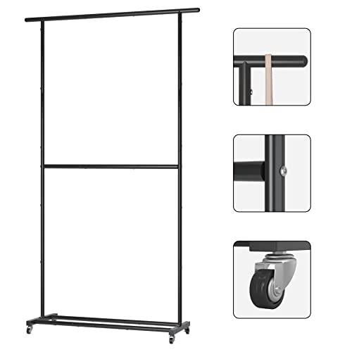 Sywhitta Double Rod Clothing Garment Rack, Rolling Clothes Organizer on Wheels for Hanging Clothes, Easy to Assemble, Adjustable, Black