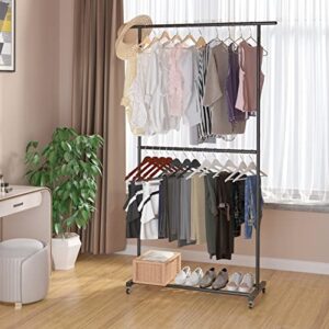 Sywhitta Double Rod Clothing Garment Rack, Rolling Clothes Organizer on Wheels for Hanging Clothes, Easy to Assemble, Adjustable, Black