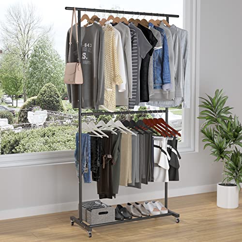 Sywhitta Double Rod Clothing Garment Rack, Rolling Clothes Organizer on Wheels for Hanging Clothes, Easy to Assemble, Adjustable, Black