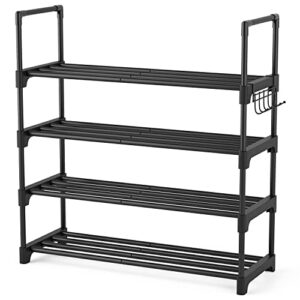 WEXCISE Shoe Rack 4 Tier 16-20 Pairs Shoe Rack for Entryway Sturdy Shoe Organizer Storage for Closet Bedroom Dorm Heavy Duty Black Metal Shoe Shelf with Hooks