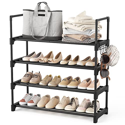 WEXCISE Shoe Rack 4 Tier 16-20 Pairs Shoe Rack for Entryway Sturdy Shoe Organizer Storage for Closet Bedroom Dorm Heavy Duty Black Metal Shoe Shelf with Hooks