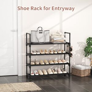 WEXCISE Shoe Rack 4 Tier 16-20 Pairs Shoe Rack for Entryway Sturdy Shoe Organizer Storage for Closet Bedroom Dorm Heavy Duty Black Metal Shoe Shelf with Hooks