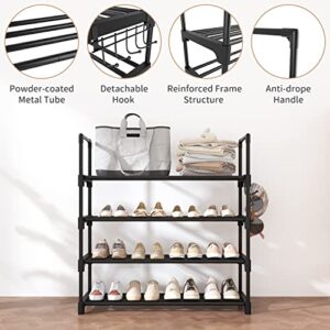 WEXCISE Shoe Rack 4 Tier 16-20 Pairs Shoe Rack for Entryway Sturdy Shoe Organizer Storage for Closet Bedroom Dorm Heavy Duty Black Metal Shoe Shelf with Hooks