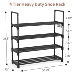 WEXCISE Shoe Rack 4 Tier 16-20 Pairs Shoe Rack for Entryway Sturdy Shoe Organizer Storage for Closet Bedroom Dorm Heavy Duty Black Metal Shoe Shelf with Hooks